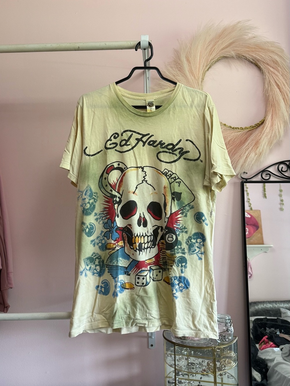 Ed Hardy y2k 2000s Cream Oversized Double Sided Skull Tattoo Style Graphic Tee